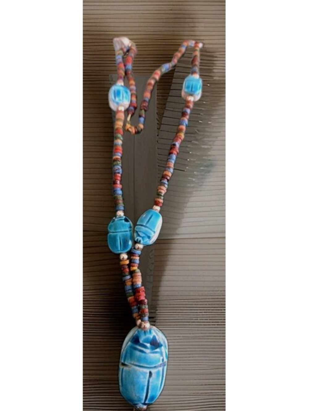Egyptian Revival With 7 Ceramic Scarabs & Natural Stone Mini Beads Necklace 28"